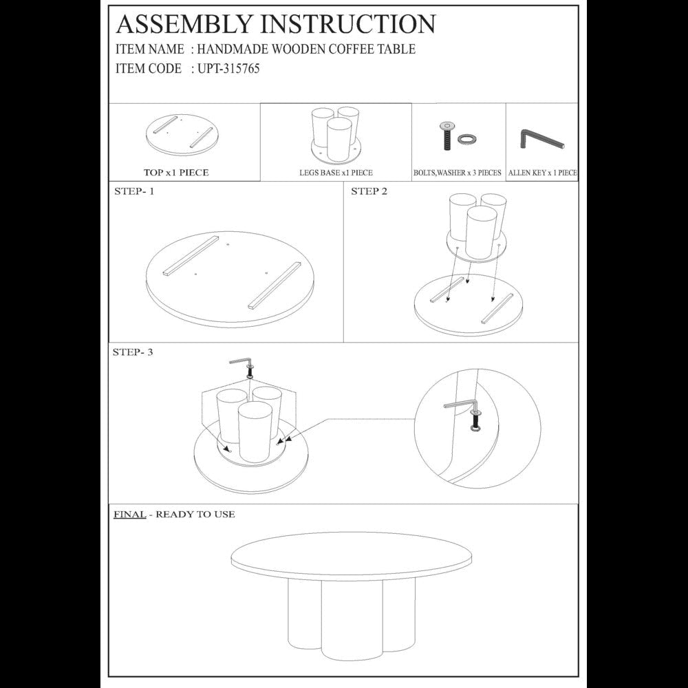 Hazel Coffee Table with 3 Pillar Legs 35.5 Inch Round Top Natural Brown Mango Wood By The Urban Port UPT-315765