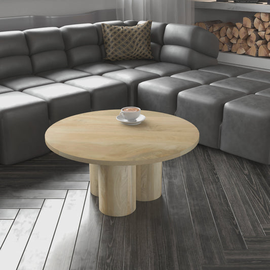 Hazel Coffee Table with 3 Pillar Legs 35.5 Inch Round Top Natural Brown Mango Wood UPT-315765