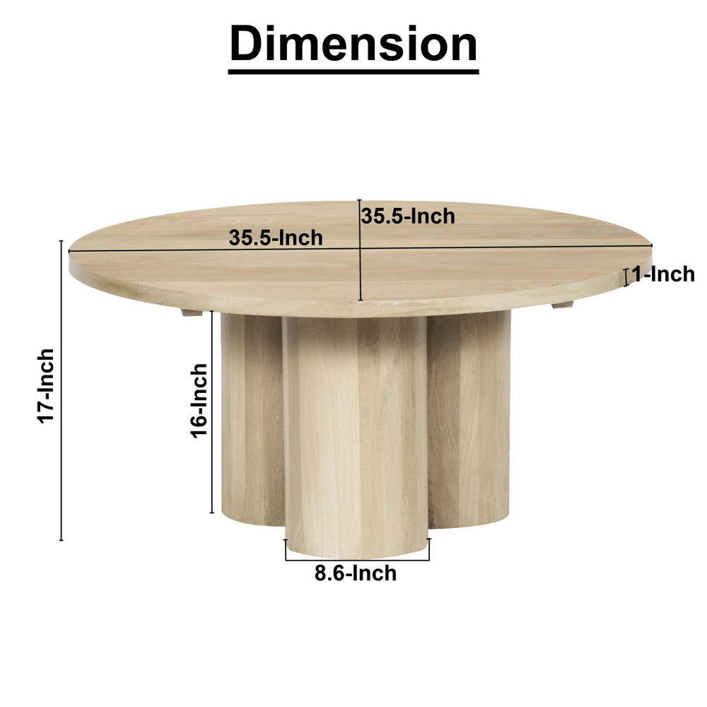 Hazel Coffee Table with 3 Pillar Legs 35.5 Inch Round Top Natural Brown Mango Wood By The Urban Port UPT-315765