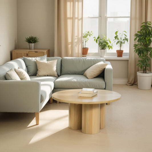 Hazel Coffee Table with 3 Pillar Legs, 35.5 Inch Round Top, Natural Brown Mango Wood By The Urban Port