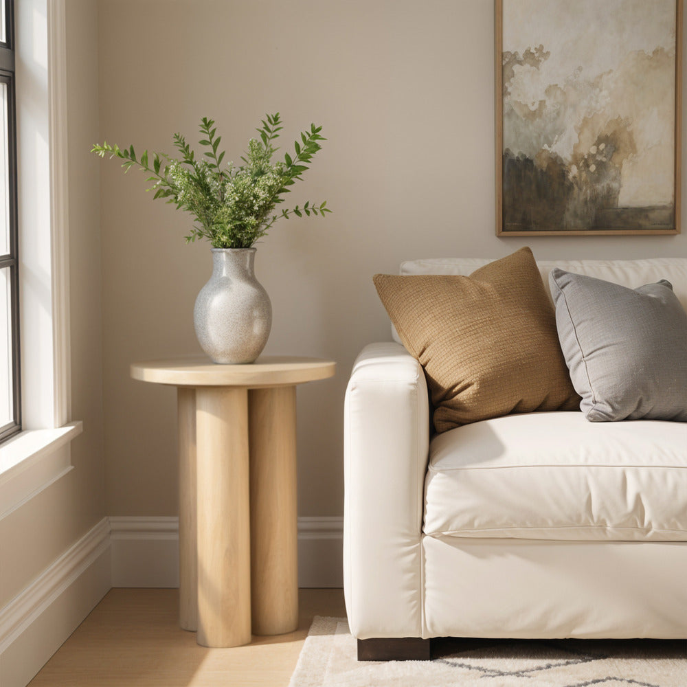 Hazel Side Table with 3 Pillar Legs, Handcrafted Natural Brown Mango Wood, 17.7 Inch Round Top By The Urban Port