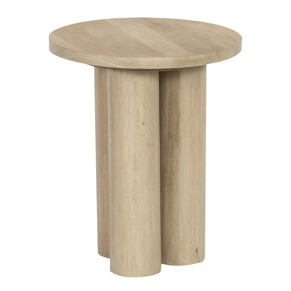 Hazel Side Table with 3 Pillar Legs Handcrafted Natural Brown Mango Wood 17.7 Inch Round Top By The Urban Port