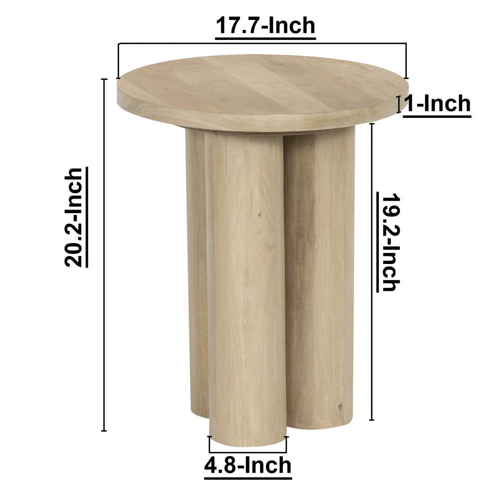 Hazel Side Table with 3 Pillar Legs Handcrafted Natural Brown Mango Wood 17.7 Inch Round Top By The Urban Port