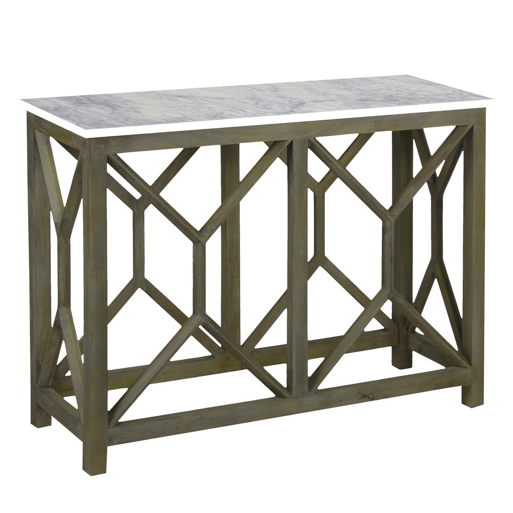 Agas Sofa Console Table 41 Inch White Genuine Marble Top Sandblasted Washed Ash Gray Mango Wood Geometric Frame