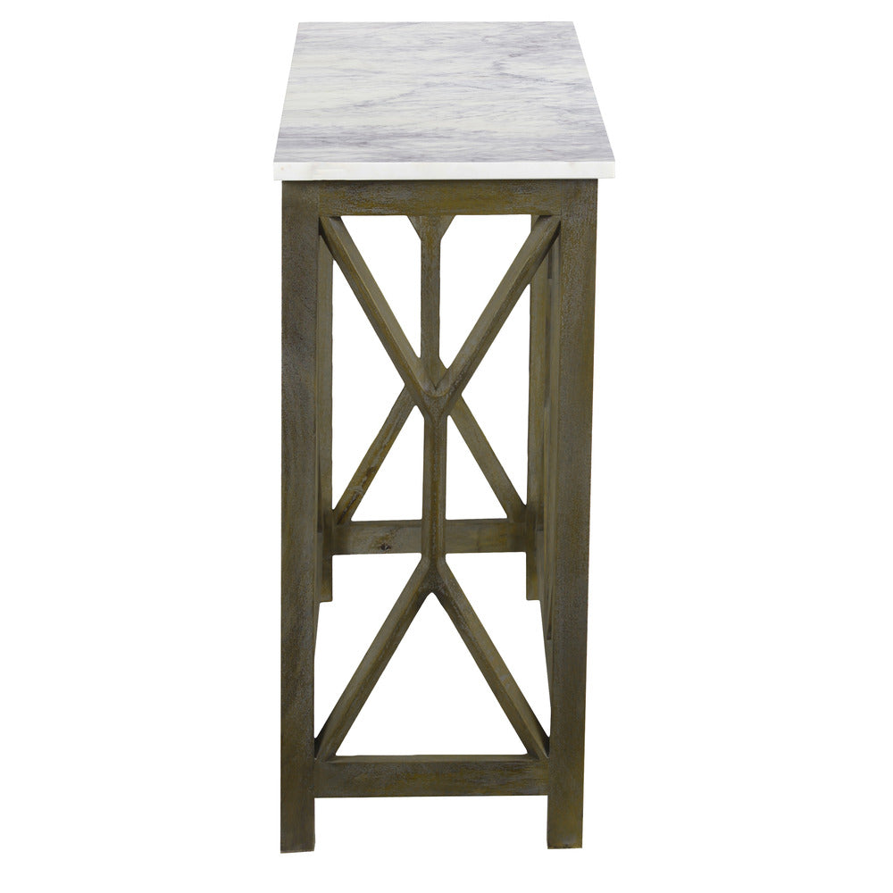 Agas Sofa Console Table 41 Inch White Genuine Marble Top Sandblasted Washed Ash Gray Mango Wood Geometric Frame