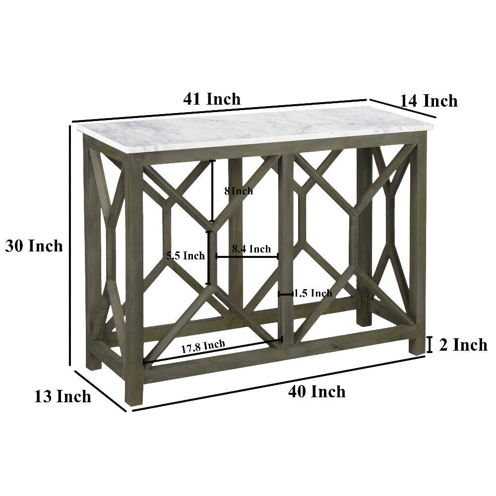 Agas Sofa Console Table 41 Inch White Genuine Marble Top Sandblasted Washed Ash Gray Mango Wood Geometric Frame UPT-315767