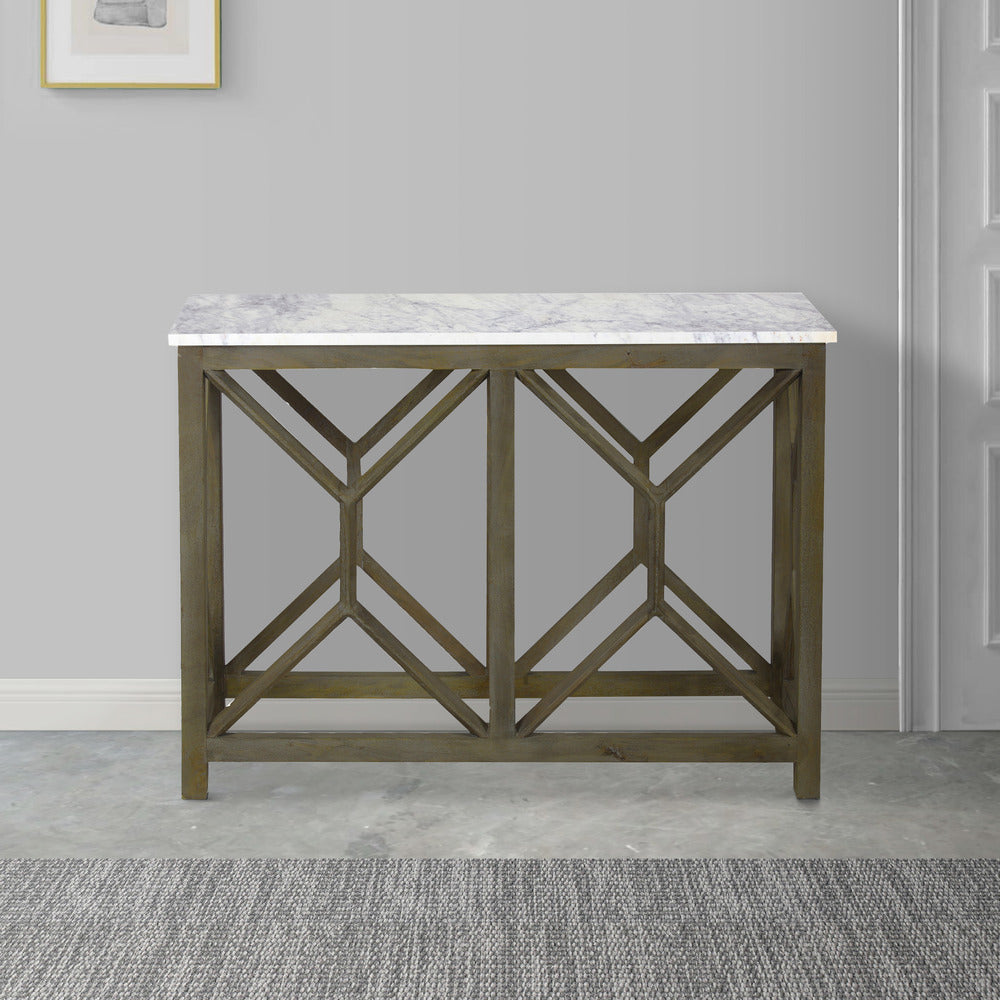 Agas Sofa Console Table 41 Inch White Genuine Marble Top Sandblasted Washed Ash Gray Mango Wood Geometric Frame