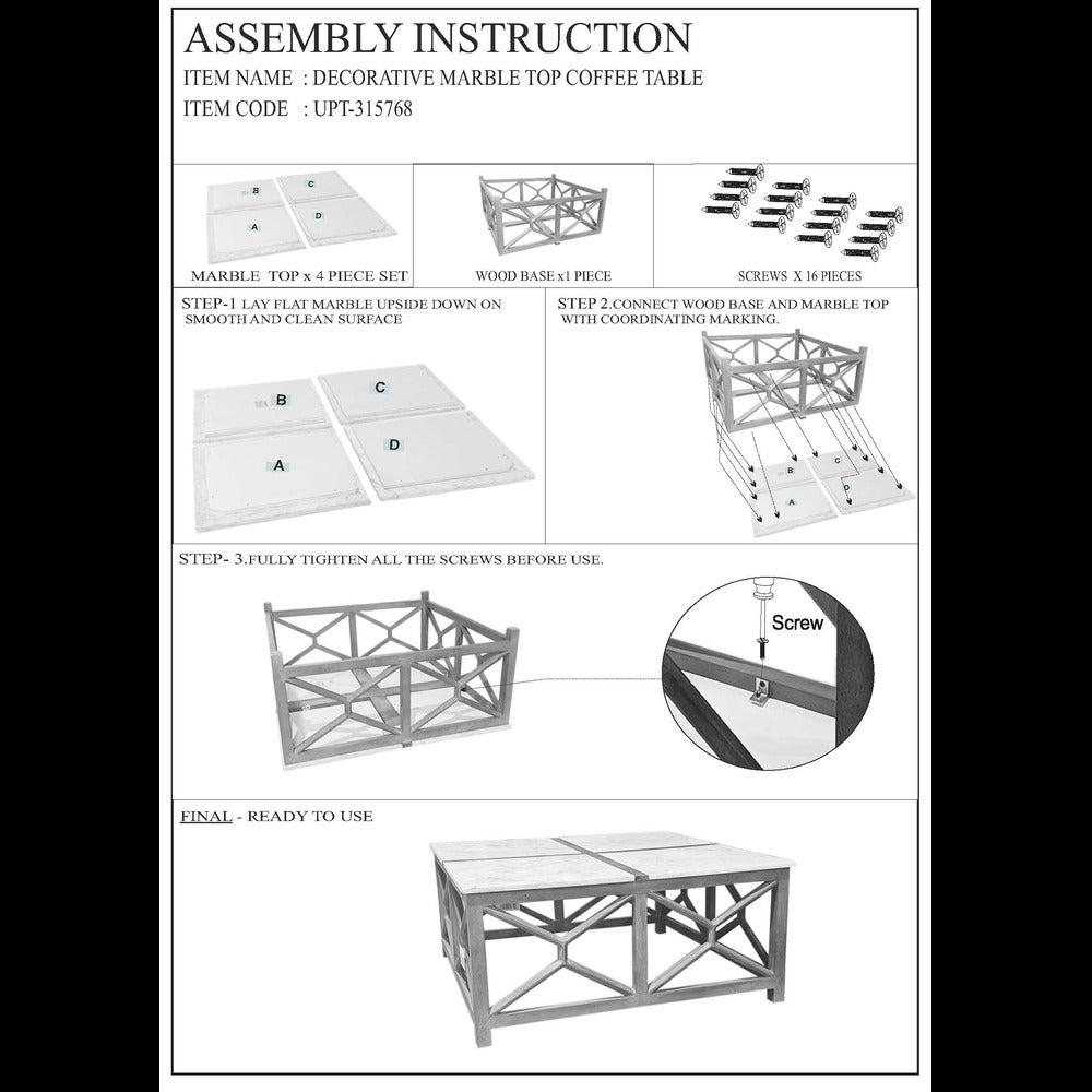 Agas Coffee Table 40 Inch Square White Genuine Marble Top Sandblasted Washed Ash Gray Mango Wood Geometric Frame UPT-315768
