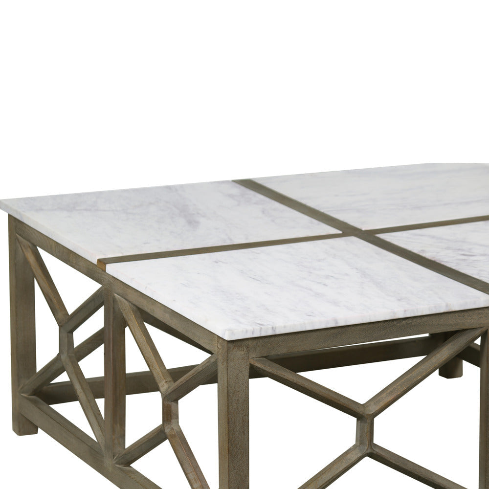 Agas Coffee Table 40 Inch Square White Genuine Marble Top Sandblasted Washed Ash Gray Mango Wood Geometric Frame UPT-315768