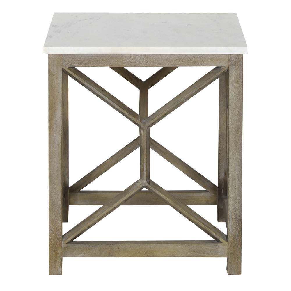 Agas Side End Table 22 Inch Square White Genuine Marble Top Sandblasted Washed Ash Gray Mango Wood Geometric Frame The Urban Port UPT-315769