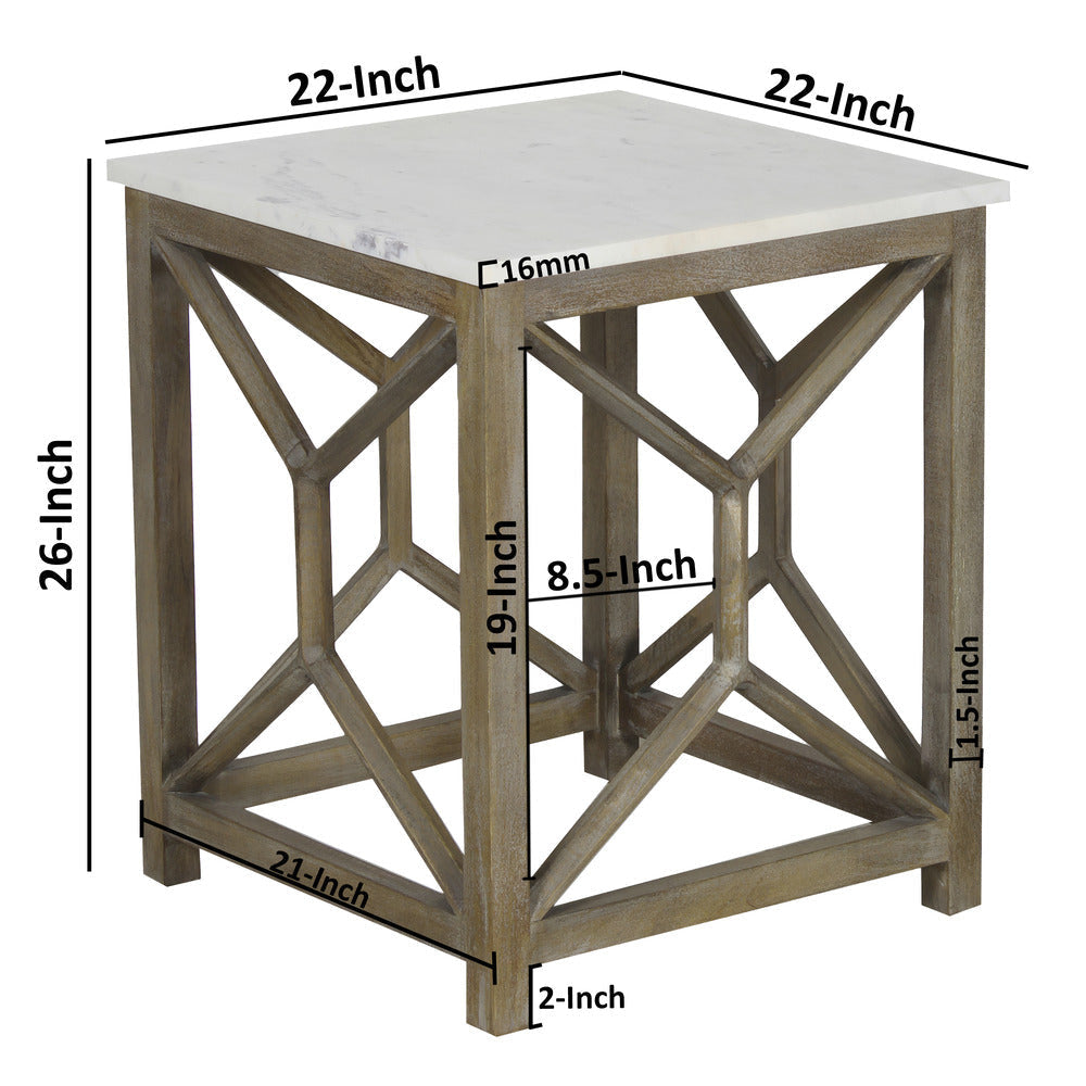 Agas Side End Table 22 Inch Square White Genuine Marble Top Sandblasted Washed Ash Gray Mango Wood Geometric Frame The Urban Port UPT-315769