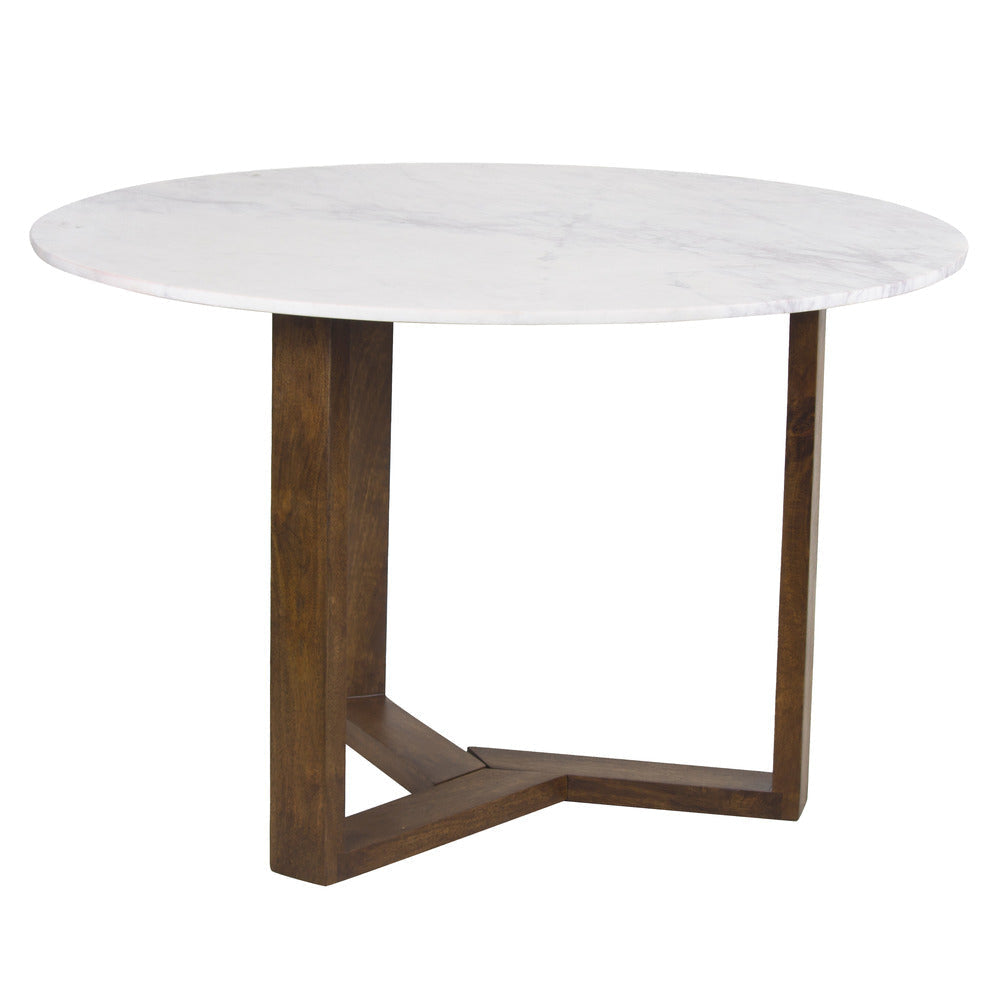 Fina Dining Table 48 Inch Round White Genuine Marble Top Natural Brown Mango Wood 3 Leg Sled Base The Urban Port UPT-315770