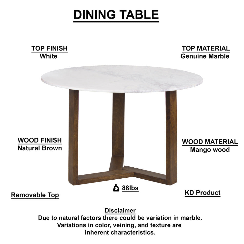 Fina Dining Table 48 Inch Round White Genuine Marble Top Natural Brown Mango Wood 3 Leg Sled Base The Urban Port UPT-315770