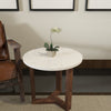 Fina Side End Table, 20 Inch Round White Genuine Marble Top, Natural Brown Mango Wood 3 Leg Sled Base
