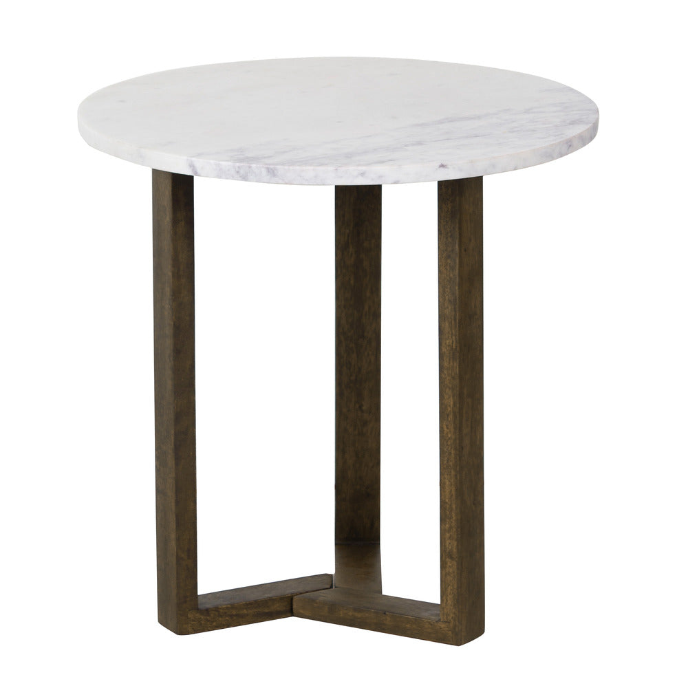 Fina Side End Table 20 Inch Round White Genuine Marble Top Natural Brown Mango Wood 3 Leg Sled Base