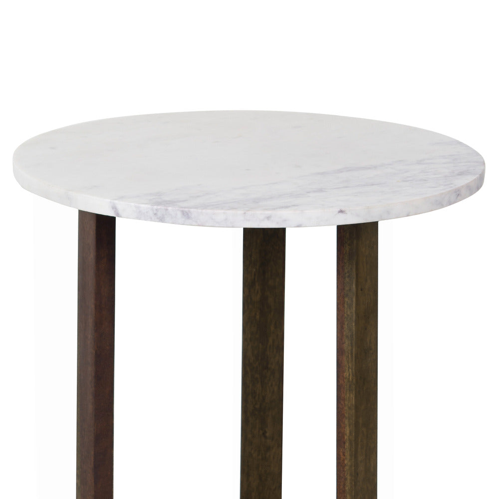Fina Side End Table 20 Inch Round White Genuine Marble Top Natural Brown Mango Wood 3 Leg Sled Base
