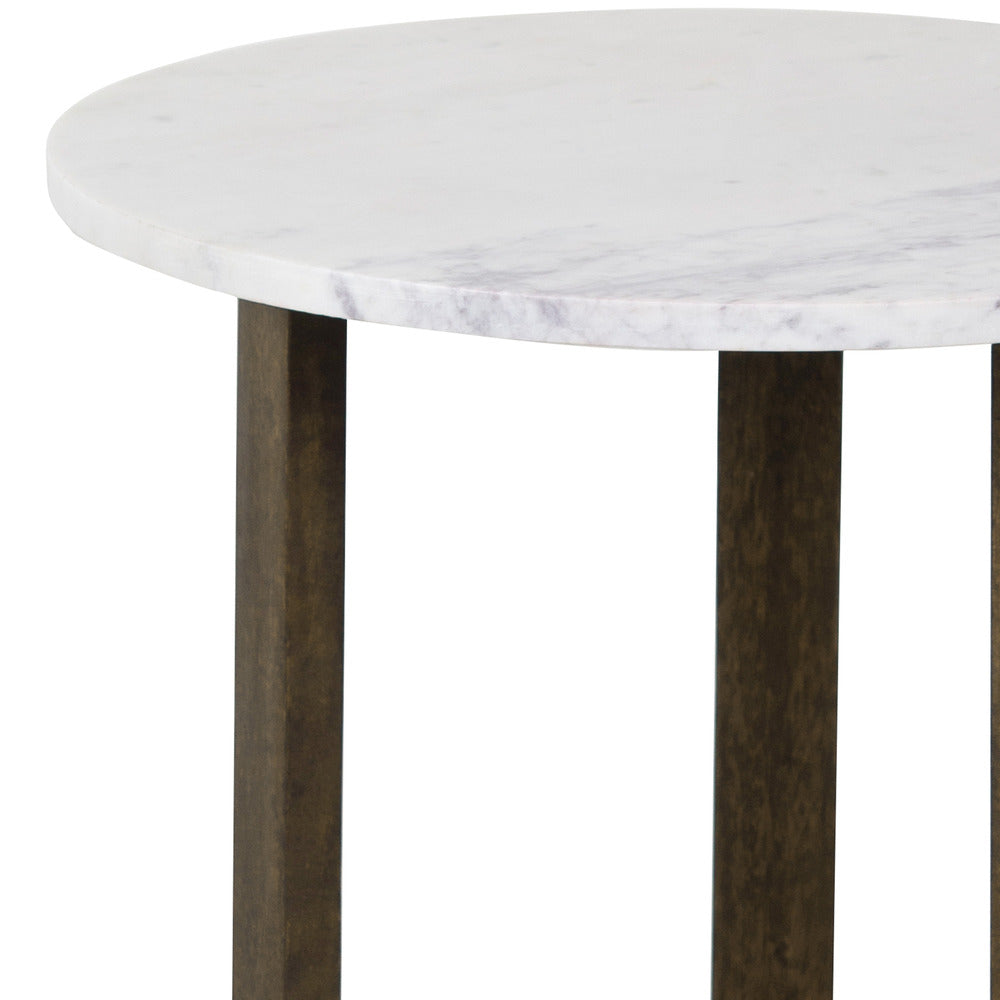 Fina Side End Table 20 Inch Round White Genuine Marble Top Natural Brown Mango Wood 3 Leg Sled Base