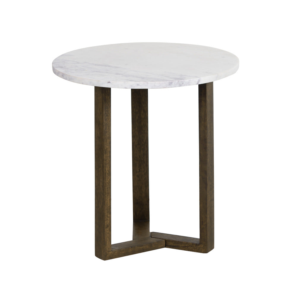 Fina Side End Table 20 Inch Round White Genuine Marble Top Natural Brown Mango Wood 3 Leg Sled Base