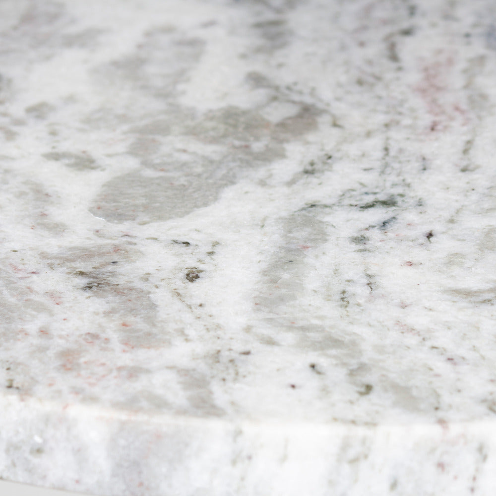 Fina Side End Table 20 Inch Round White Genuine Marble Top Natural Brown Mango Wood 3 Leg Sled Base