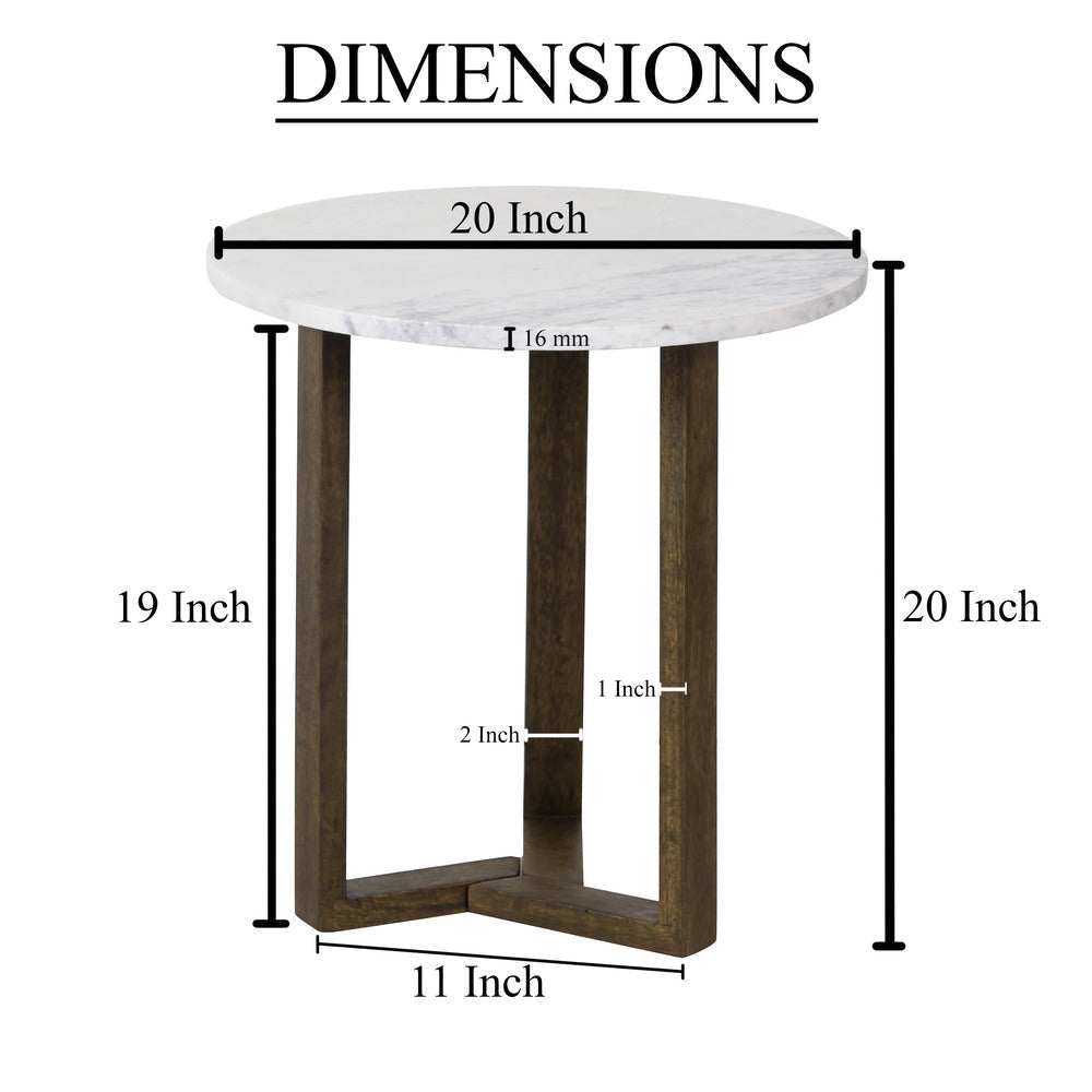 Fina Side End Table 20 Inch Round White Genuine Marble Top Natural Brown Mango Wood 3 Leg Sled Base UPT-315771