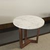 Fina Side End Table 20 Inch Round White Genuine Marble Top Natural Brown Mango Wood 3 Leg Sled Base