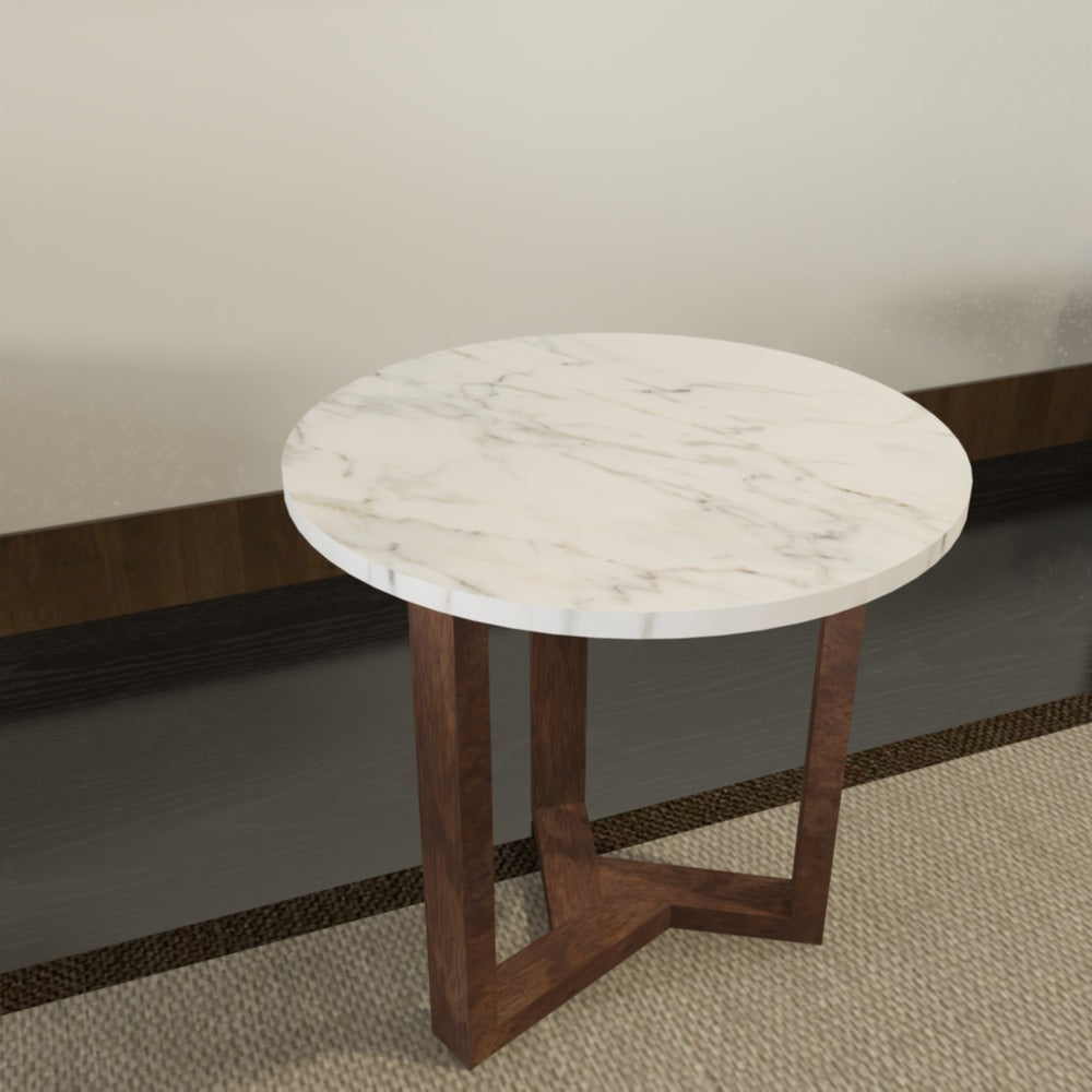 Fina Side End Table 20 Inch Round White Genuine Marble Top Natural Brown Mango Wood 3 Leg Sled Base