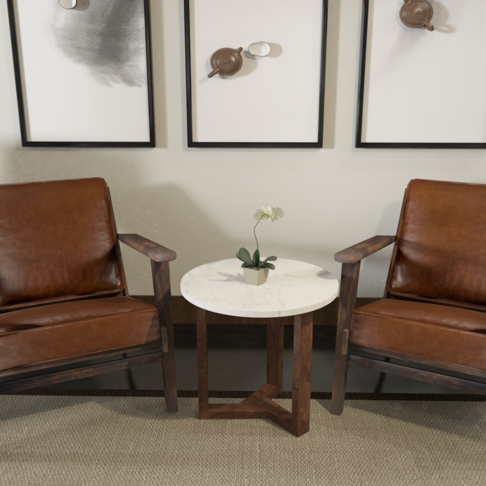 Fina Side End Table 20 Inch Round White Genuine Marble Top Natural Brown Mango Wood 3 Leg Sled Base