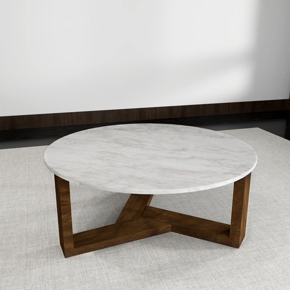 Fina Coffee Table 38 Inch Round White Genuine Marble Top Natural Brown Mango Wood 3 Leg Sled Base The Urban Port UPT-315772