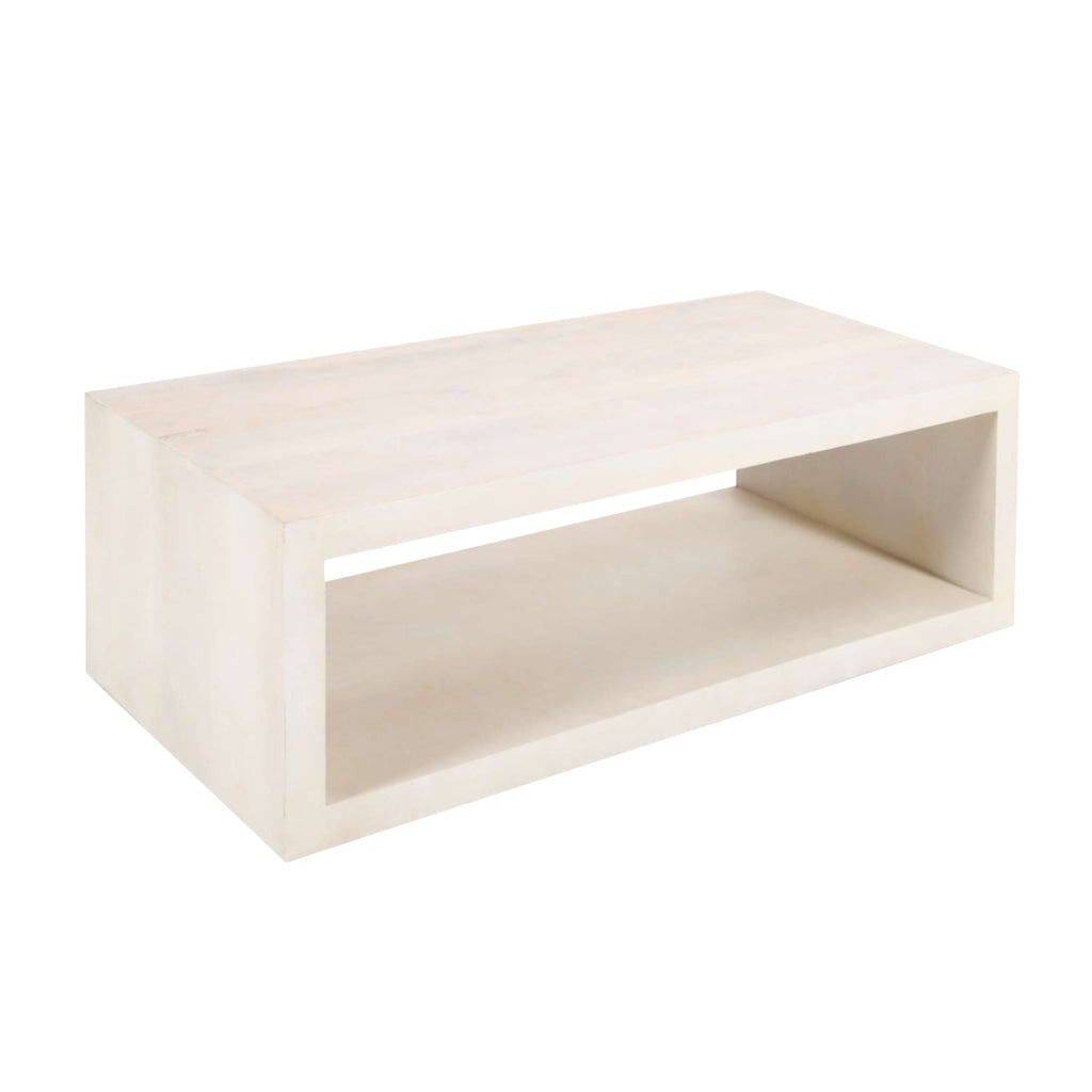 Keli Coffee Table 58 Inch Minimalist Open Frame Rustic Washed White Mango Wood by The Urban Port UPT-315990