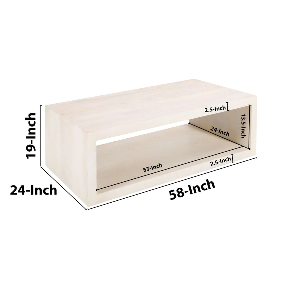 Keli Coffee Table 58 Inch Minimalist Open Frame Rustic Washed White Mango Wood by The Urban Port UPT-315990