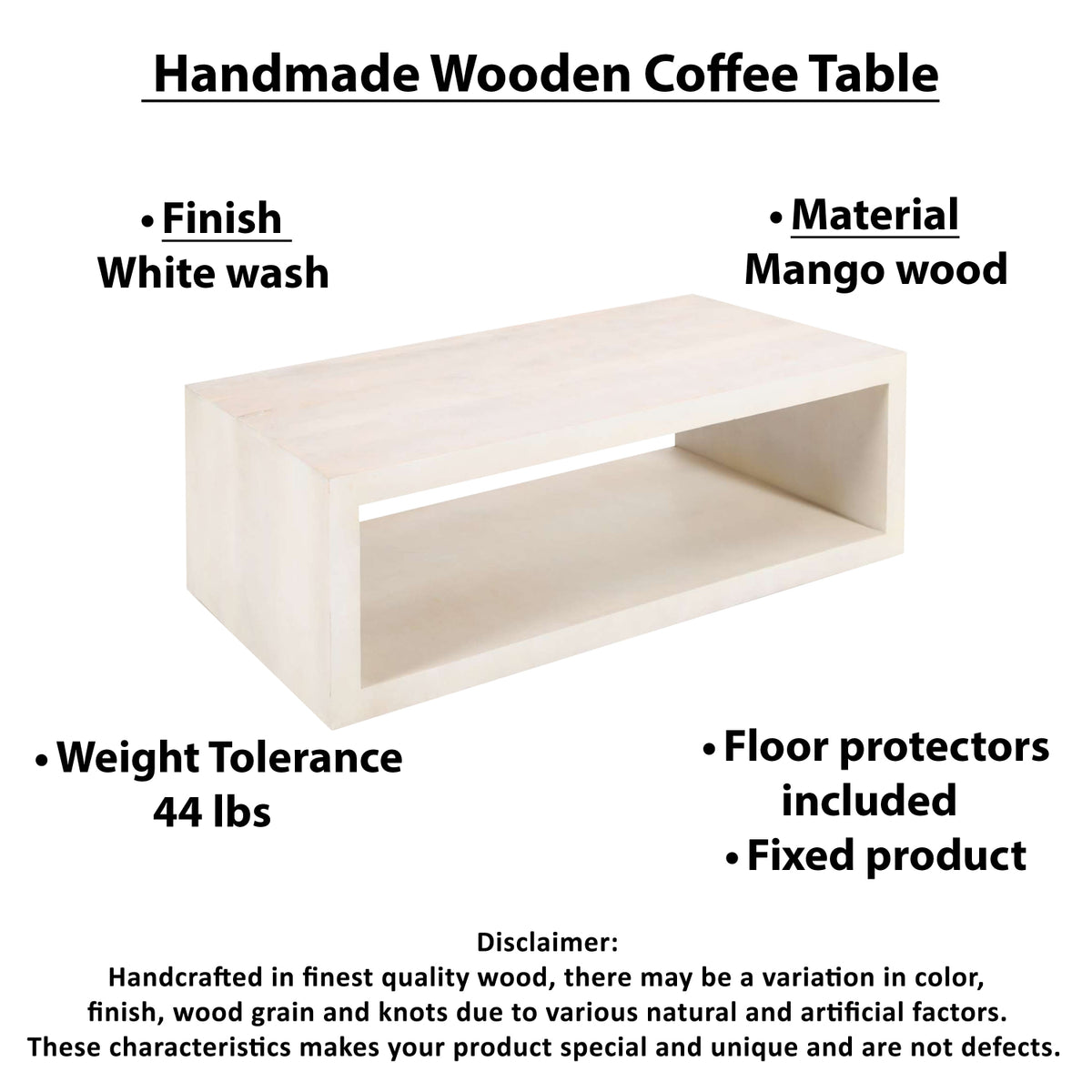 Keli Coffee Table 58 Inch Minimalist Open Frame Rustic Washed White Mango Wood by The Urban Port UPT-315990