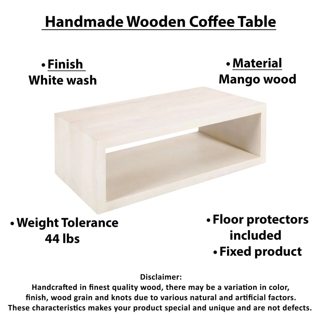 Keli Coffee Table 58 Inch Minimalist Open Frame Rustic Washed White Mango Wood by The Urban Port UPT-315990