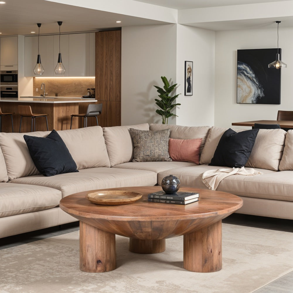 Coffee Table, 38 Inch Round Top, 3 Column Pillar Legs, Natural Brown Mango Wood