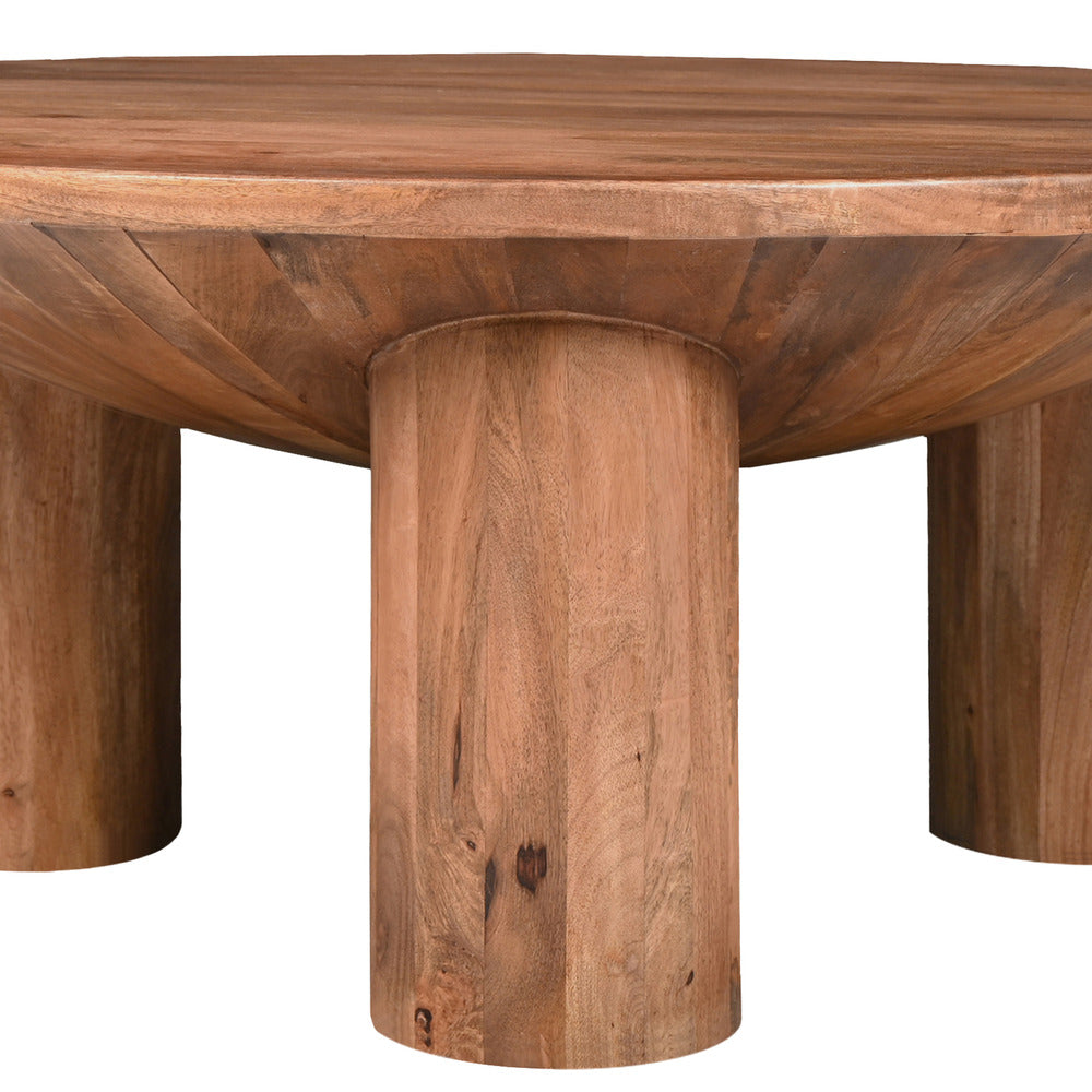 Coffee Table 38 Inch Round Top 3 Column Pillar Legs Natural Brown Mango Wood UPT-316308