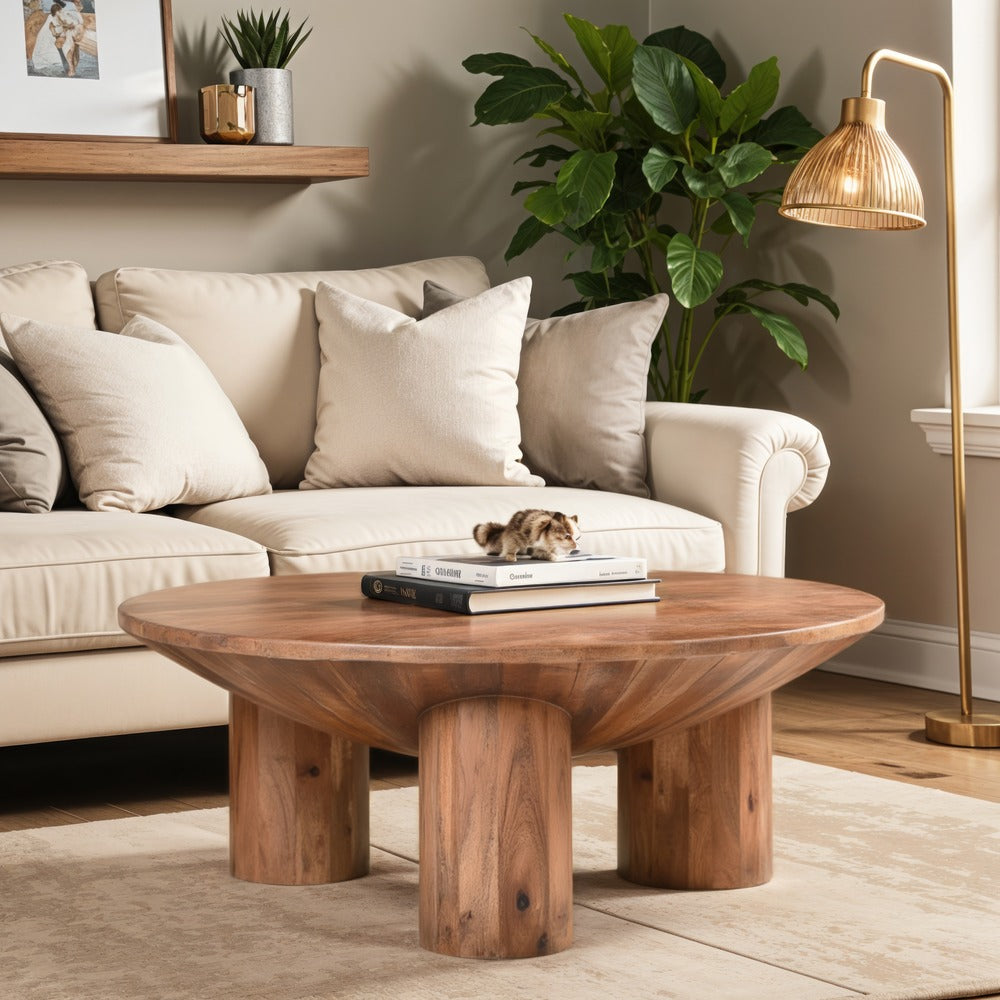 Coffee Table 38 Inch Round Top 3 Column Pillar Legs Natural Brown Mango Wood UPT-316308