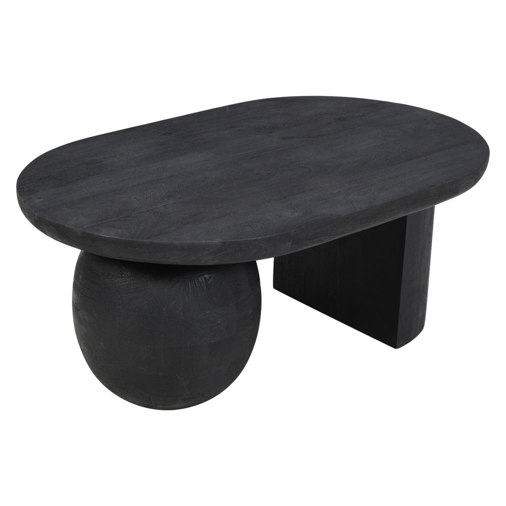 Uri 38 Inch Oval Coffee Table, Mango Wood Full and Half Spherical Leg, Sandblasted Black The Urban Port