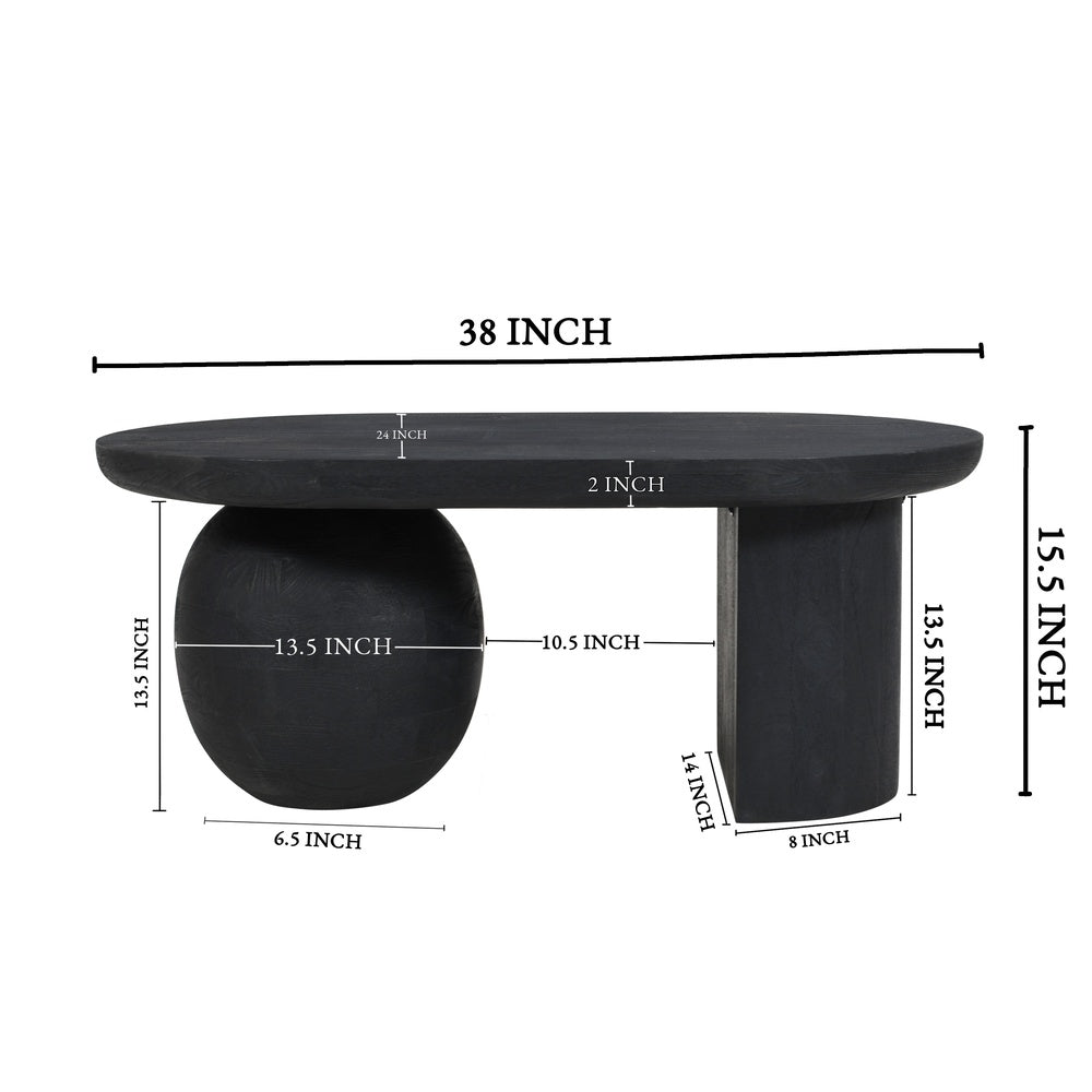 Uri 38 Inch Oval Coffee Table, Mango Wood Full and Half Spherical Leg, Sandblasted Black The Urban Port
