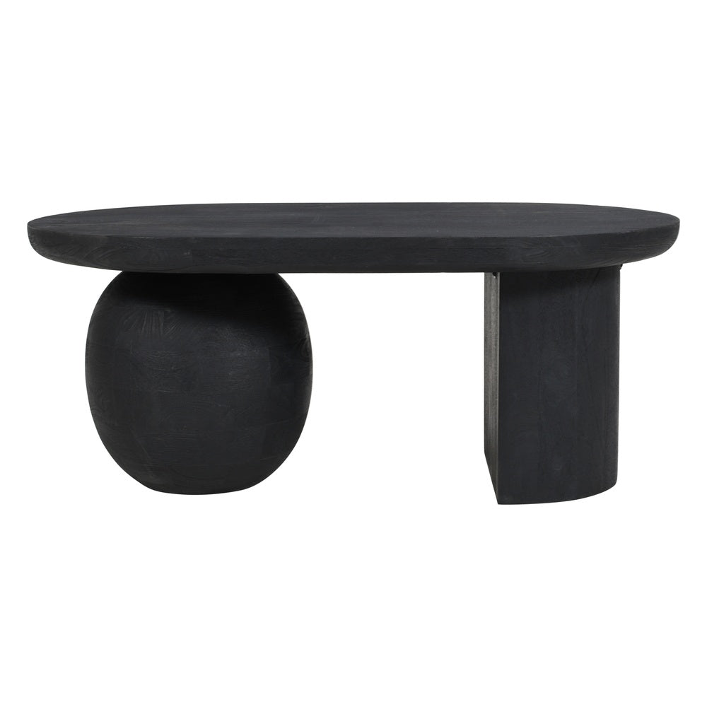Uri 38 Inch Oval Coffee Table, Mango Wood Full and Half Spherical Leg, Sandblasted Black The Urban Port