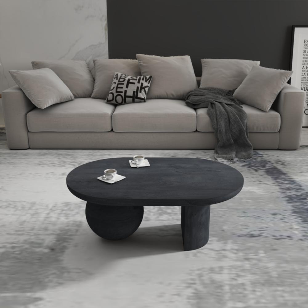 Uri 38 Inch Oval Coffee Table, Mango Wood Full and Half Spherical Leg, Sandblasted Black The Urban Port