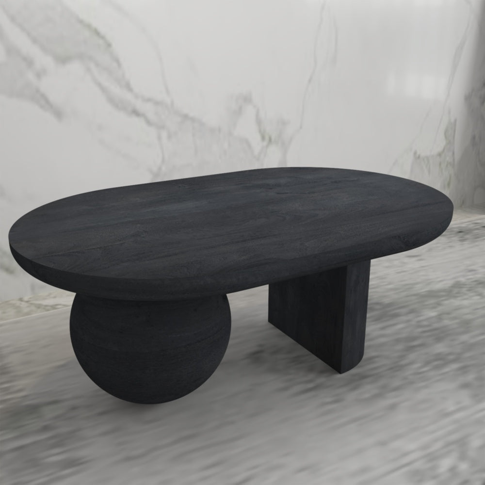 Uri 38 Inch Oval Coffee Table, Mango Wood Full and Half Spherical Leg, Sandblasted Black The Urban Port