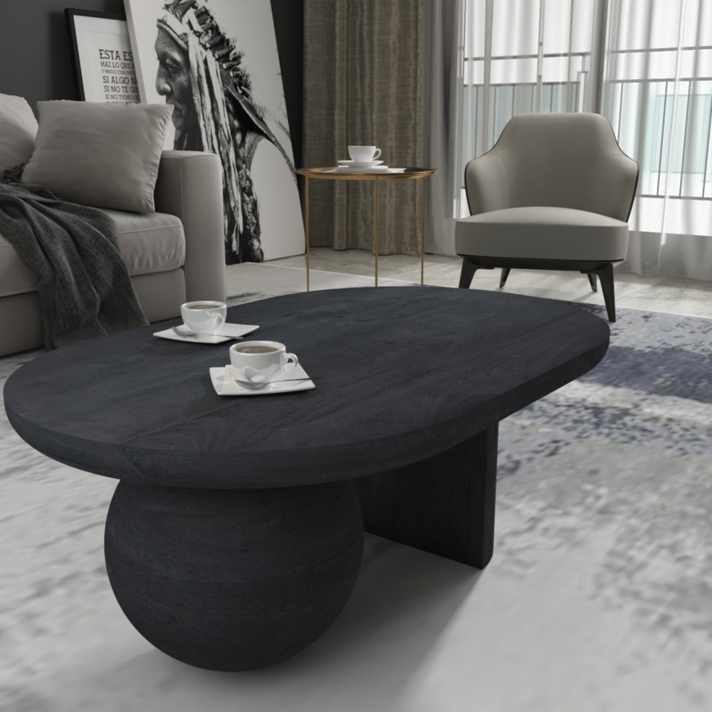 Uri 38 Inch Oval Coffee Table Mango Wood Full and Half Spherical Leg Sandblasted Black The Urban Port UPT-317171