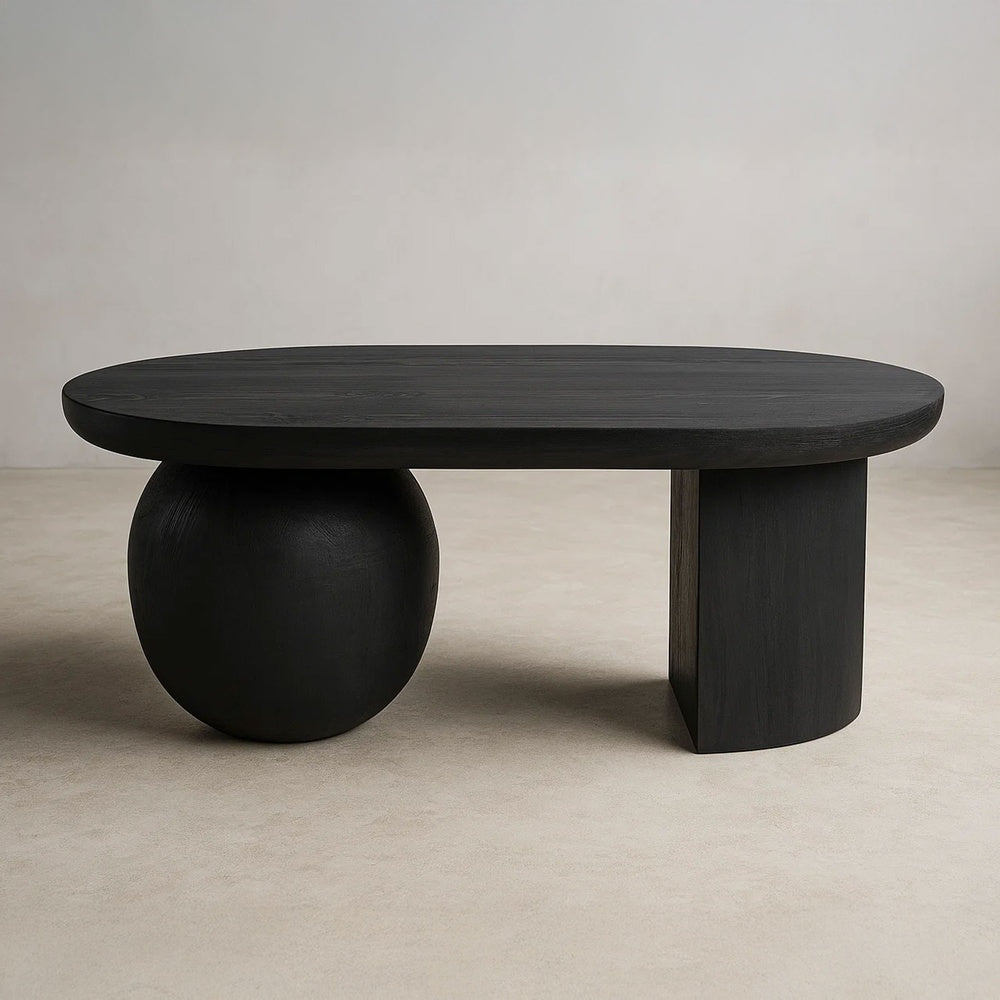 Uri 38 Inch Oval Coffee Table, Mango Wood Full and Half Spherical Leg, Sandblasted Black The Urban Port