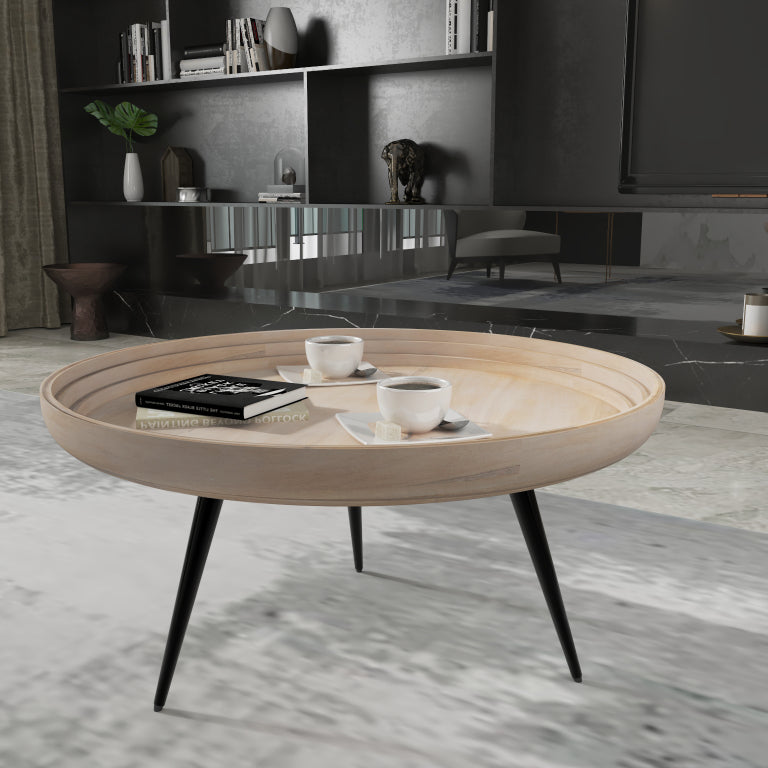 Urban Chic Coffee Table 30 Inch Round Tray Top, Handcrafted Washed White Mango Wood-The Urban Port