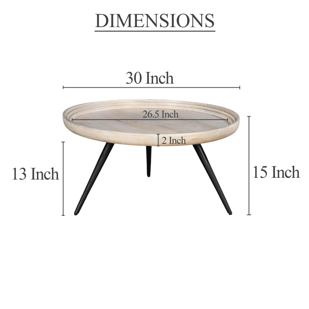 Urban Chic Coffee Table 30 Inch Round Tray Top Handcrafted Washed White Mango Wood-The Urban Port UPT-317655