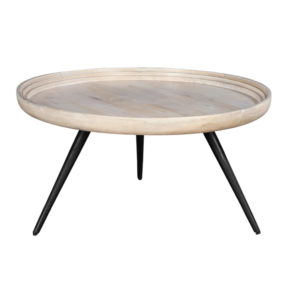 Urban Chic Coffee Table 30 Inch Round Tray Top Handcrafted Washed White Mango Wood-The Urban Port UPT-317655