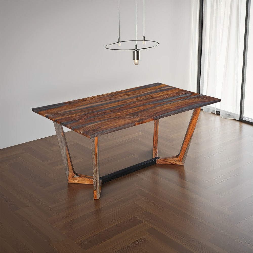 Myra 6 Seater Dining Table 67’’ Rectangular Top in Walnut Brown and Antique Gray Sheesham Wood Black Metal Base By The Urban Port UPT-318398