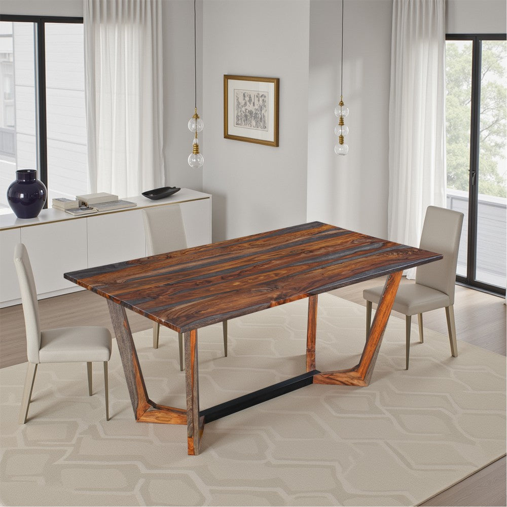 Myra 6 Seater Dining Table 67’’ Rectangular Top in Walnut Brown and Antique Gray Sheesham Wood Black Metal Base By The Urban Port UPT-318398