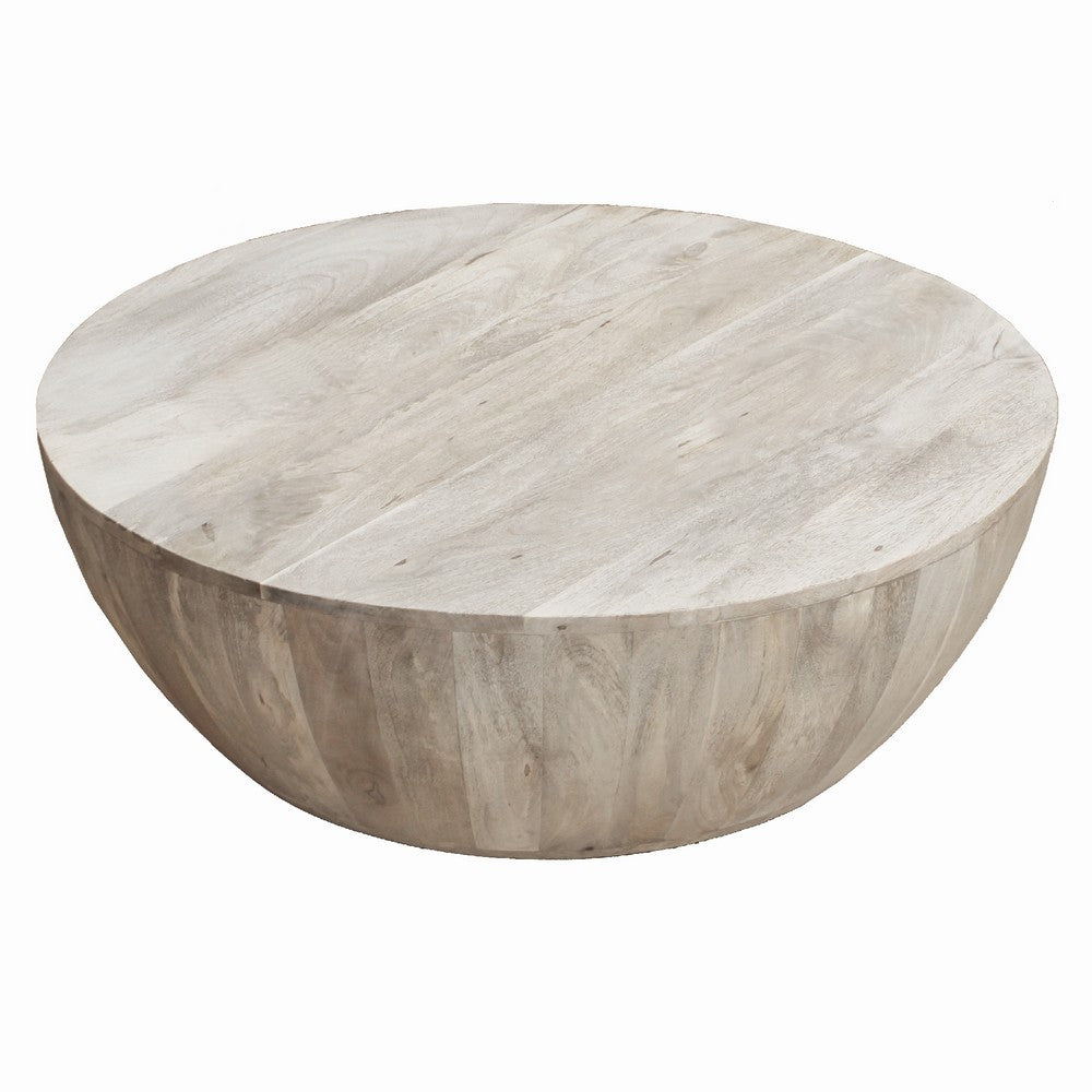Arthur 35.5 Inch Round Mango Wood Coffee Table Subtle Grains Distressed White By the Urban Port UPT-32181