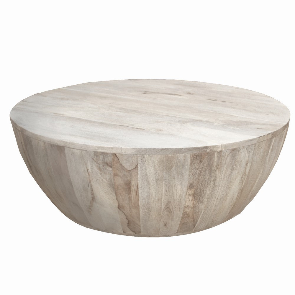 Arthur 35.5 Inch Round Mango Wood Coffee Table Subtle Grains Distressed White By the Urban Port UPT-32181