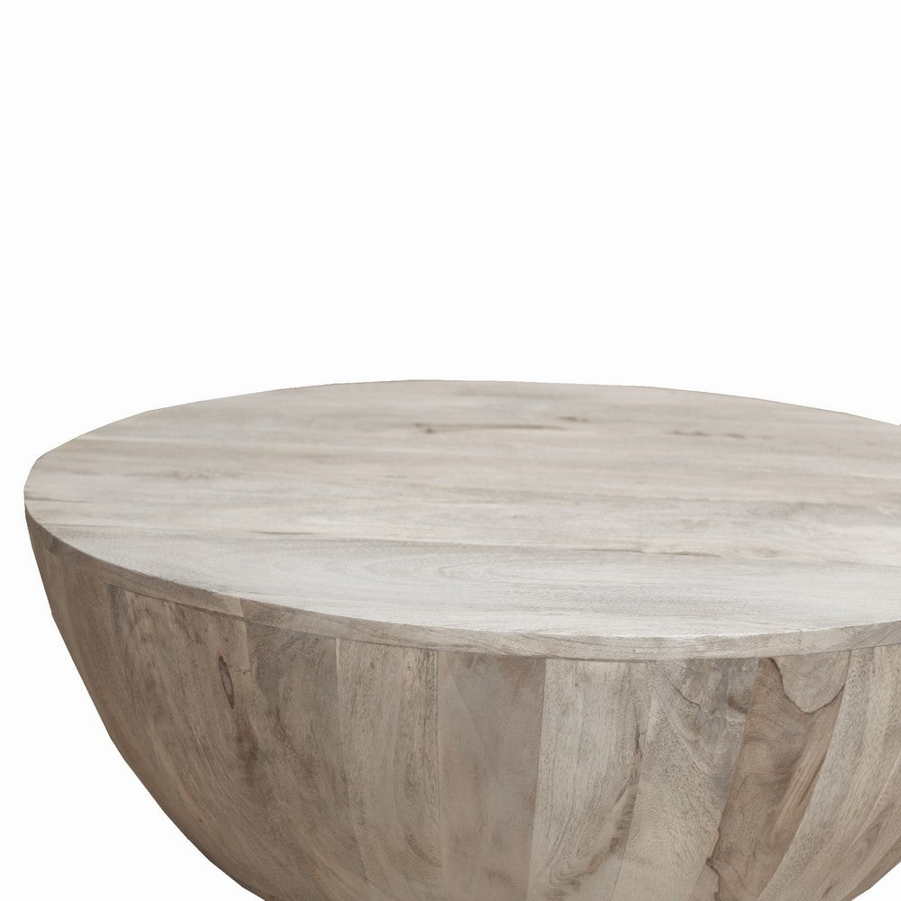 Arthur 35.5 Inch Round Mango Wood Coffee Table Subtle Grains Distressed White By the Urban Port UPT-32181